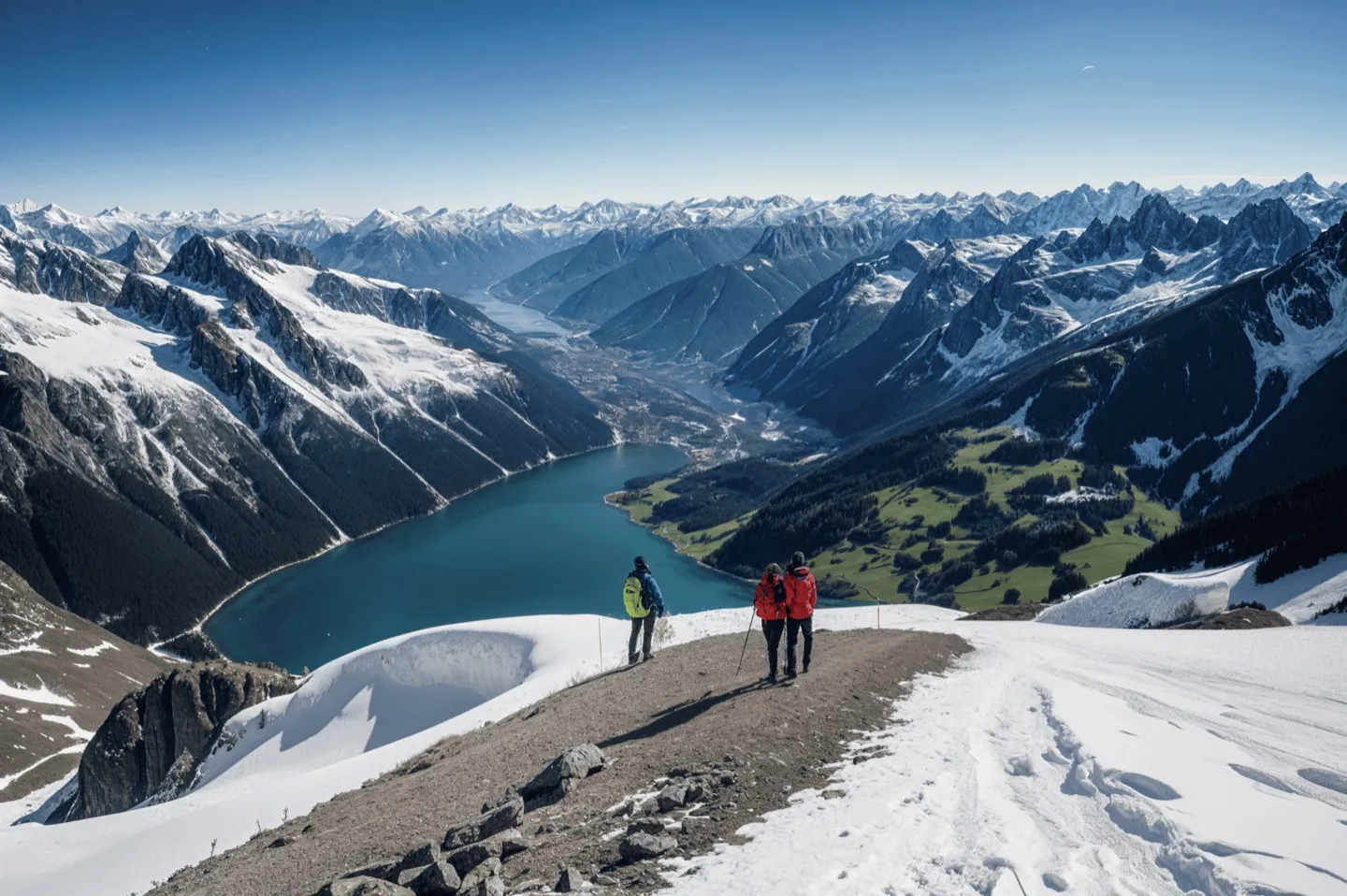 Photoreal mountain lake landscape with hikers